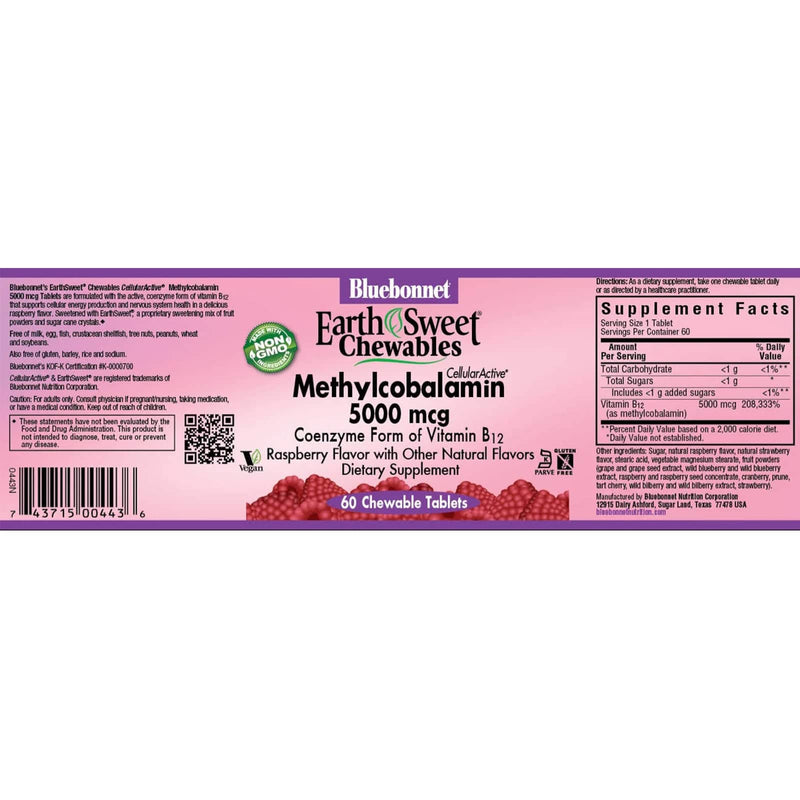 Bluebonnet Earthsweet Chewables Cellular Active Methylcobalamin Vitamin B-12 5000 mcg Raspberry 60 Tablets