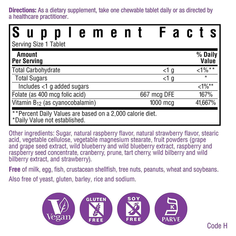 Bluebonnet Earthsweet Chewables Vitamin B-12 & Folic Acid Raspberry 180 Tablets