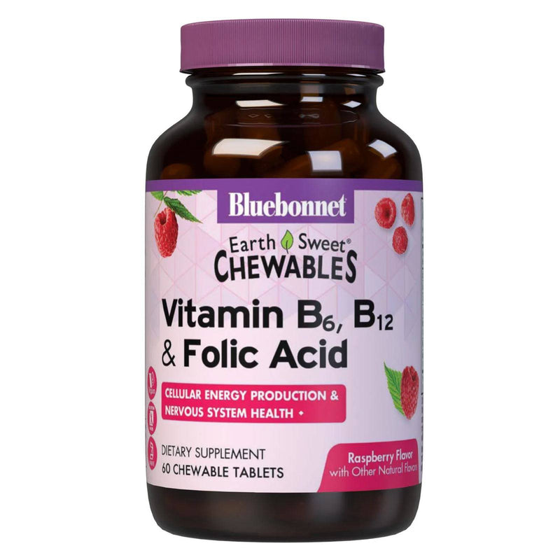 Bluebonnet Earthsweet masticables vitamina B-6, B-12 más ácido fólico frambuesa 60 tabletas