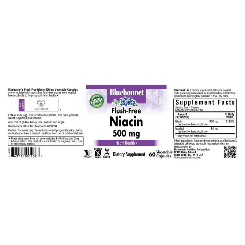 Bluebonnet Flush Free Niacin 500 mg 120 Veg Capsules