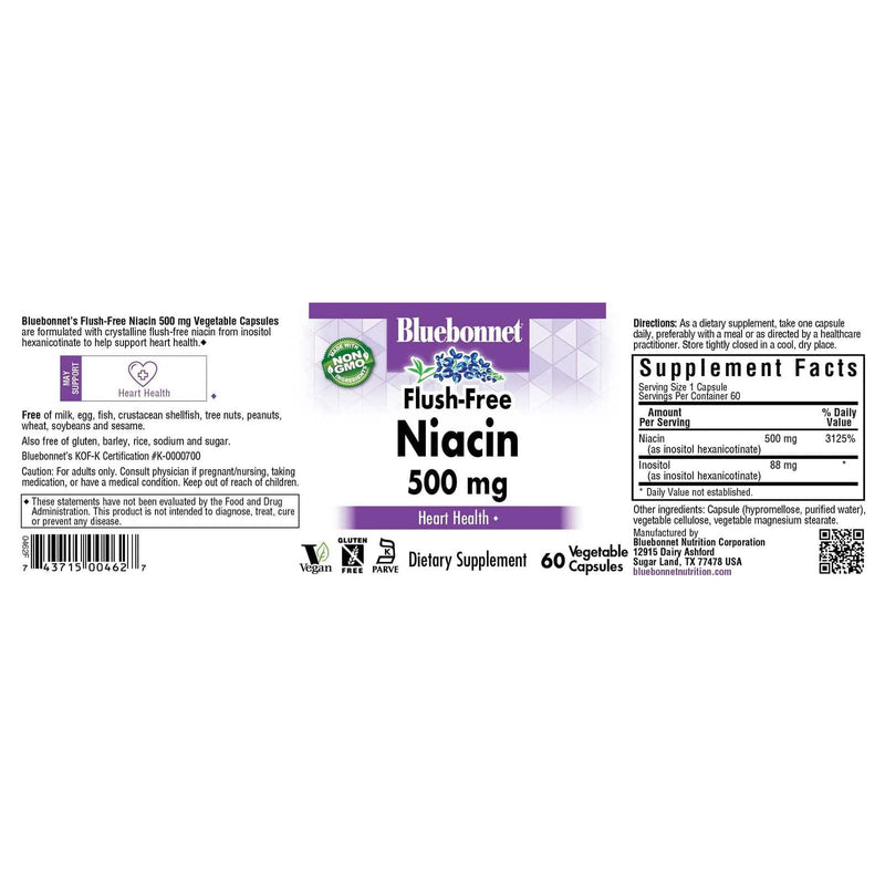 Bluebonnet Flush Free Niacin 500 mg 60 Veg Capsules