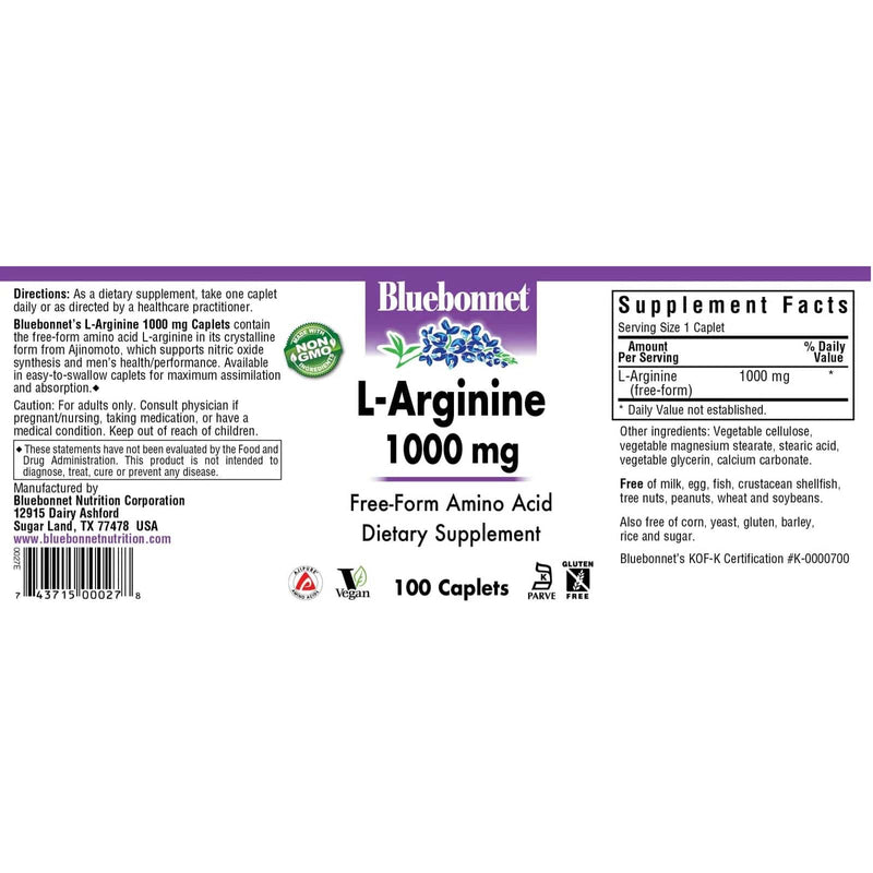 Bluebonnet L-Arginine 1000 mg 100 Caplets