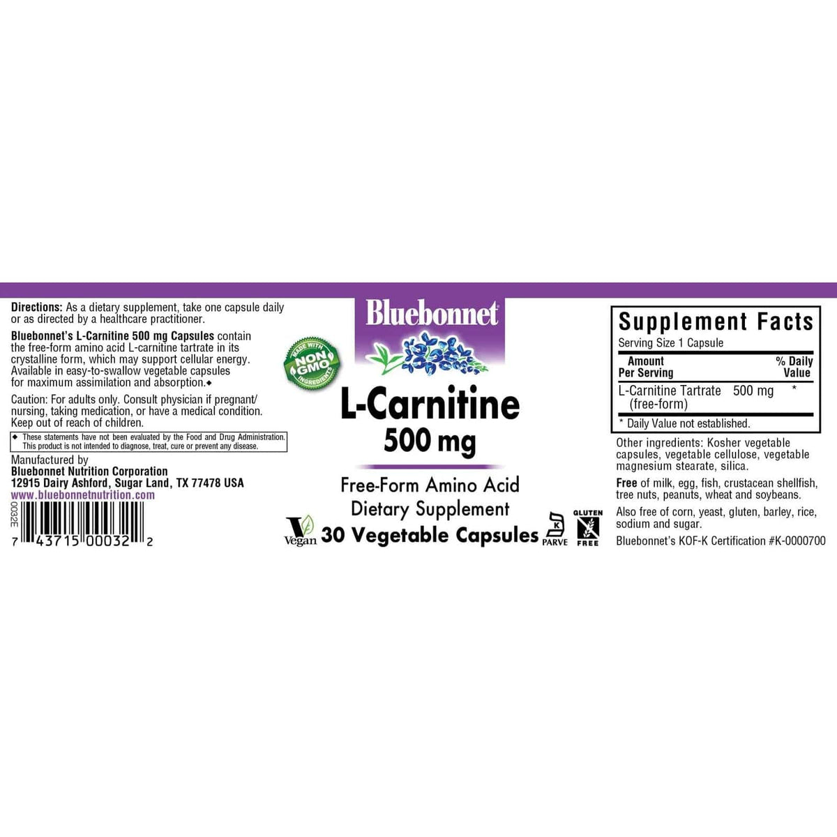 Bluebonnet L-Carnitine 500 mg 30 Veg Capsules Bluebonnet L-Carnitine 500 mg 30 Veg Capsules
