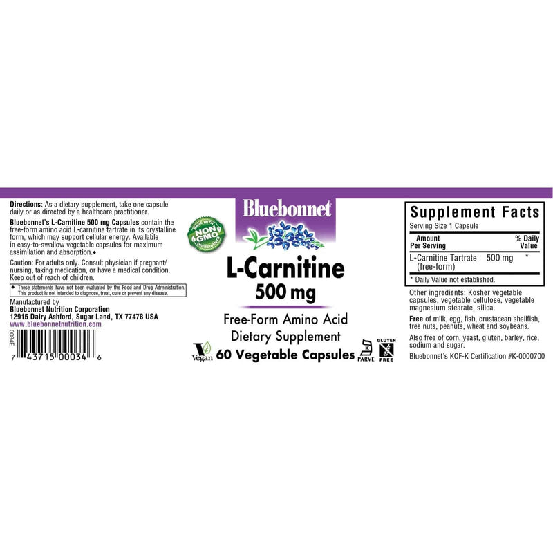 Bluebonnet L-Carnitina 500 mg 60 Cápsulas Vegetales