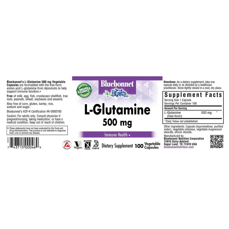 Bluebonnet L-Glutamina 500 mg 100 Cápsulas Vegetales