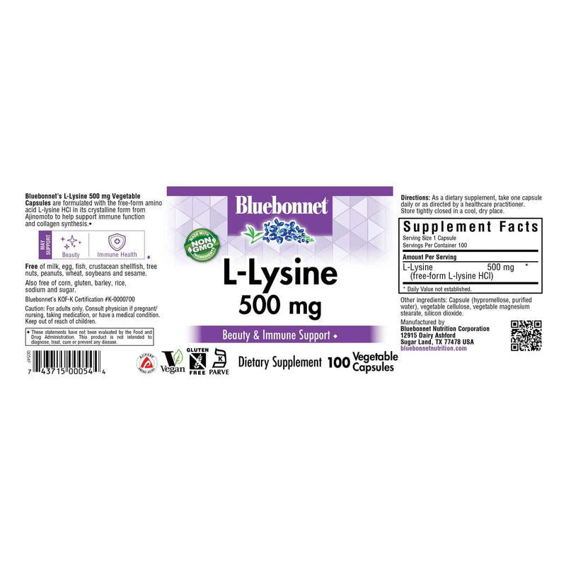 Bluebonnet L-Lysine 500 mg 100 Veg Capsules