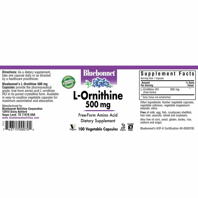 Bluebonnet L-Ornithine 500 mg 100 Veg Capsules