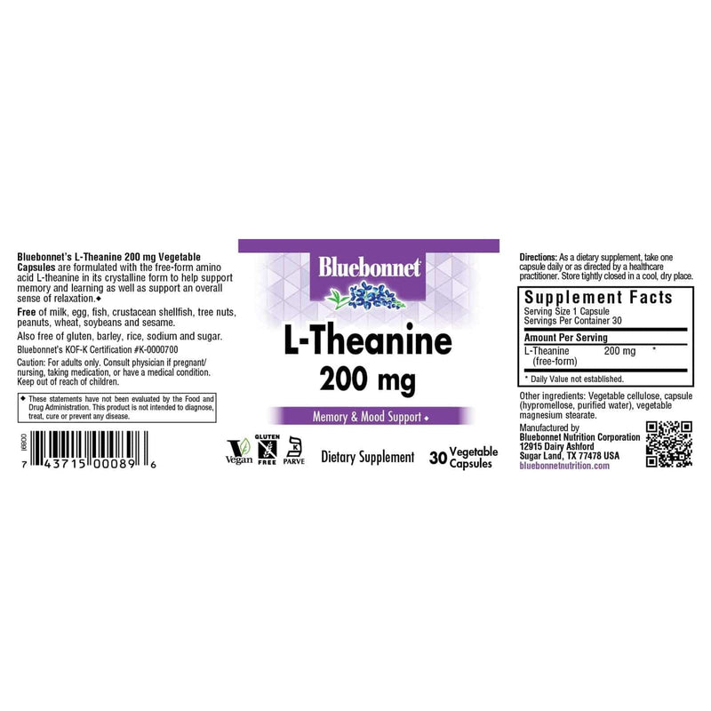 Bluebonnet L-Theanine 200 mg 30 Veg Capsules