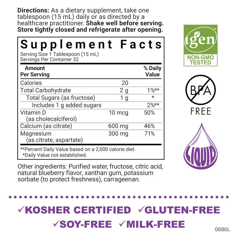 Bluebonnet Liquid Calcium Magnesium Citrate & Vitamin D3 Blueberry 16 Fl Oz Liquid