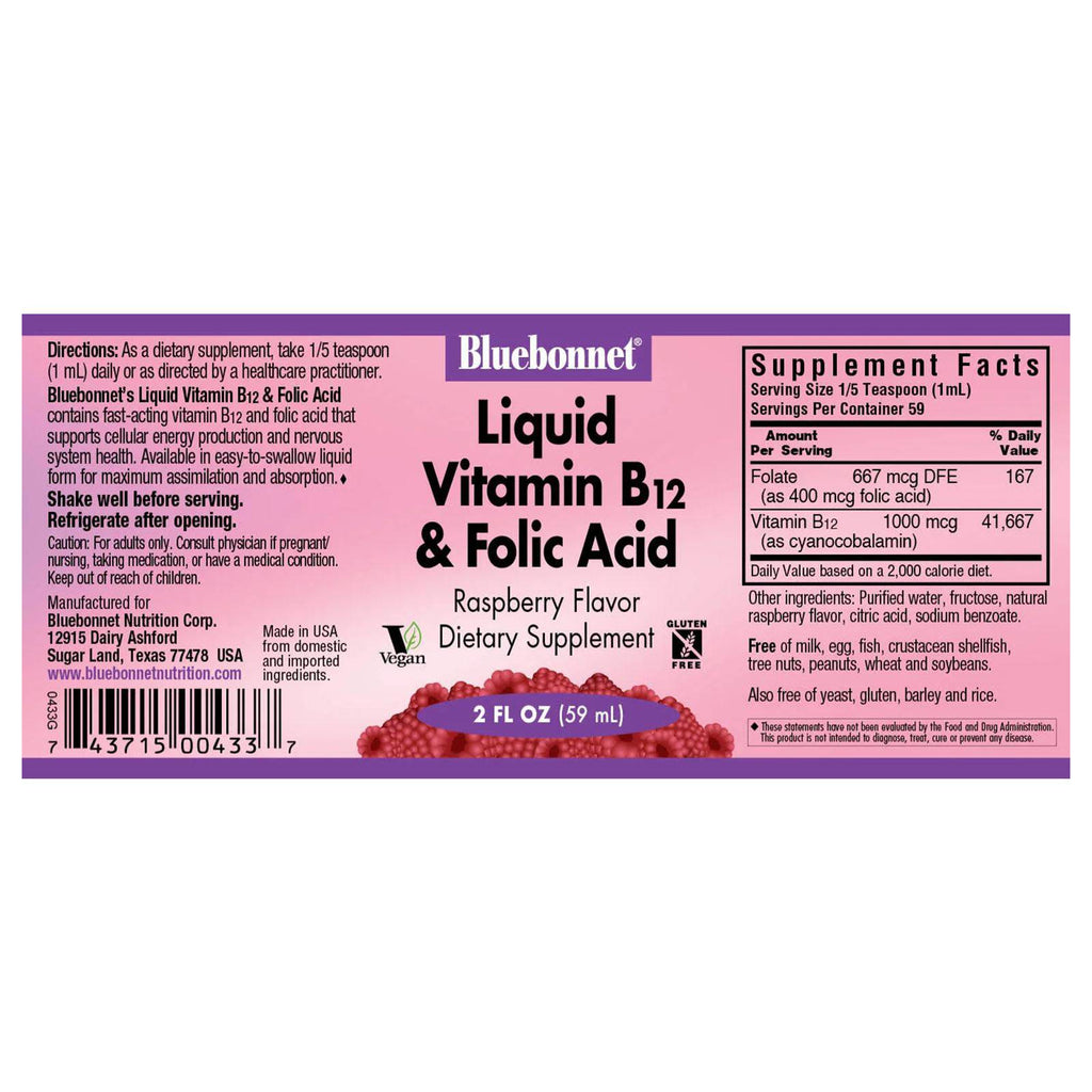 Bluebonnet Liquid Vitamin B-12 & Folic Acid Raspberry 2 fl oz