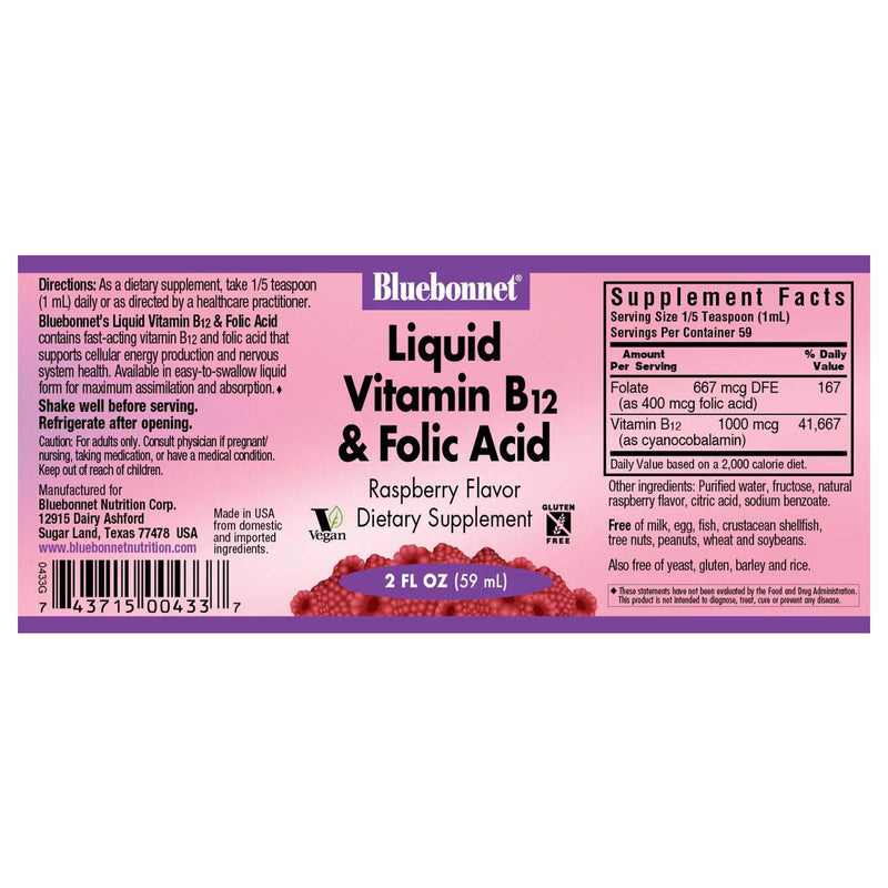 Bluebonnet Liquid Vitamin B-12 & Folic Acid Raspberry 2 fl oz