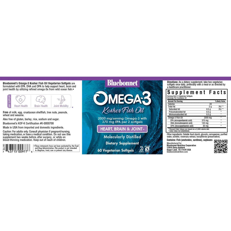 Bluebonnet Omega-3 Kosher Fish Oil 60 Softgels