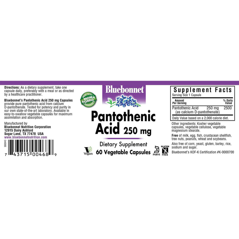 Bluebonnet Pantothenic Acid 250 mg 60 Veg Capsules