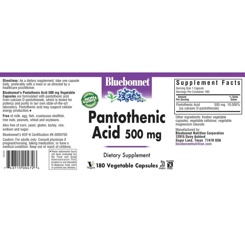 Bluebonnet Pantothenic Acid 500 mg 180 Veg Capsules