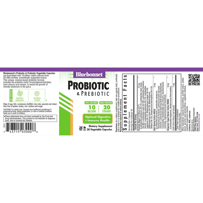 Bluebonnet Probiotic & Prebiotic 10 Billion Cfu 30 Veg Capsules