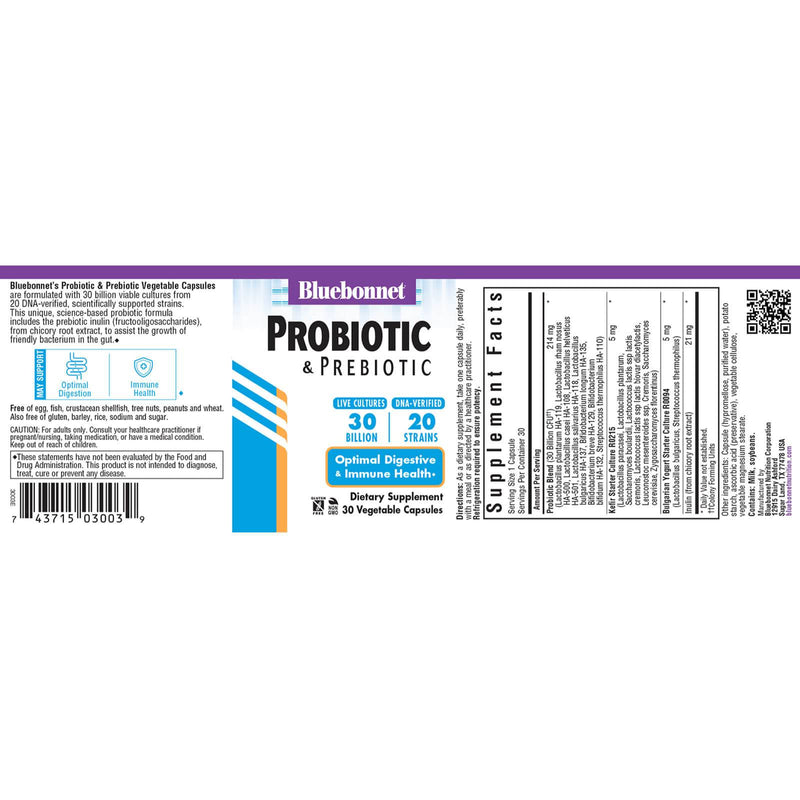 Bluebonnet Probiotic & Prebiotic 30 Billion Cfu 30 Veg Capsules