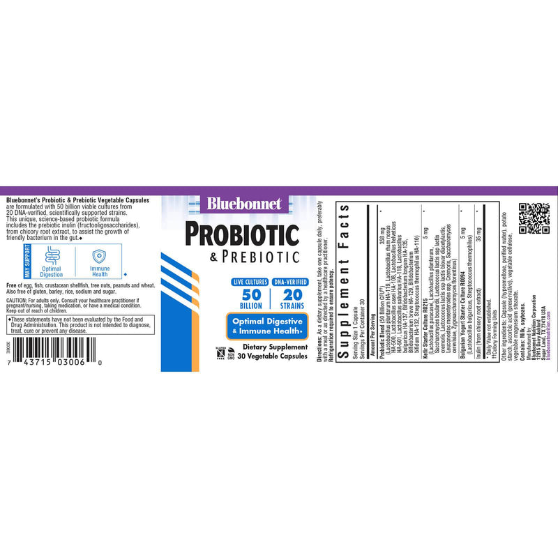 Bluebonnet Probiotic & Prebiotic 50 Billion Cfu 30 Veg Capsules