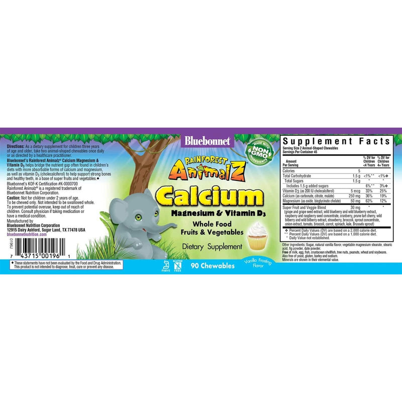 Bluebonnet Rainforest Animalz Calcium Magnesium & Vitamin D3 Vanilla Frosting Flavor 90 Chewable Tablets