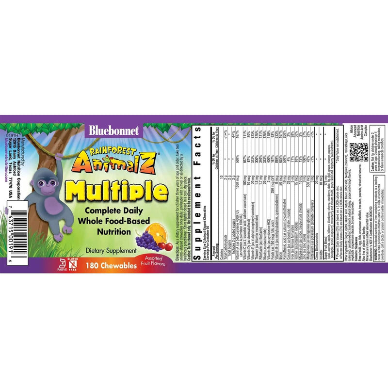 Bluebonnet Rainforest Animalz Whole Food Based Multiple Assorted Fruit 180 Chewable Tablets