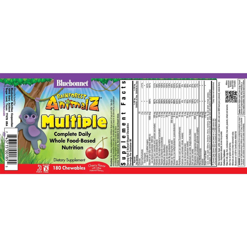 Bluebonnet Rainforest Animalz Whole Food Based Multiple Cherry 180 Chewable Tablets