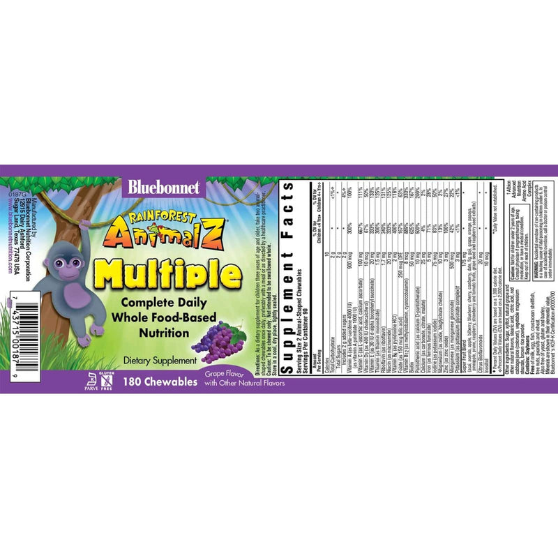 Bluebonnet Rainforest Animalz Whole Food Based Multiple Grape 180 Chewable Tablets