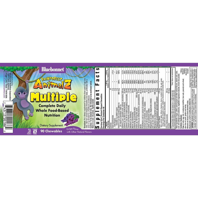 Bluebonnet Rainforest Animalz Whole Food Based Multiple Grape 90 Chewable Tablets