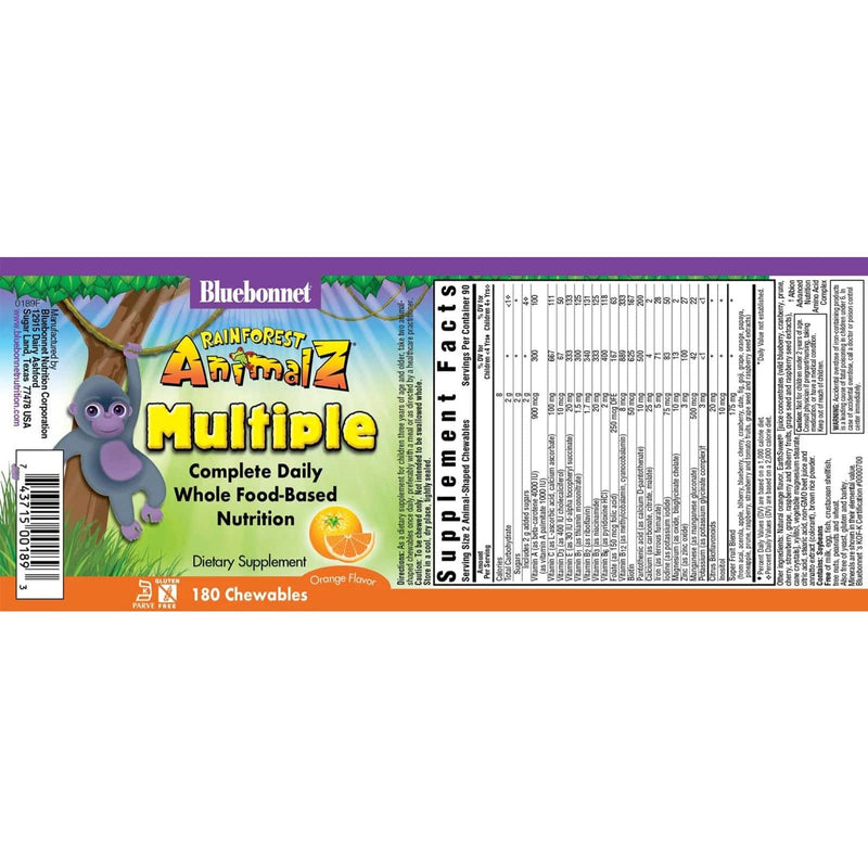 Bluebonnet Rainforest Animalz Whole Food Based Multiple Orange 180 Chewable Tablets