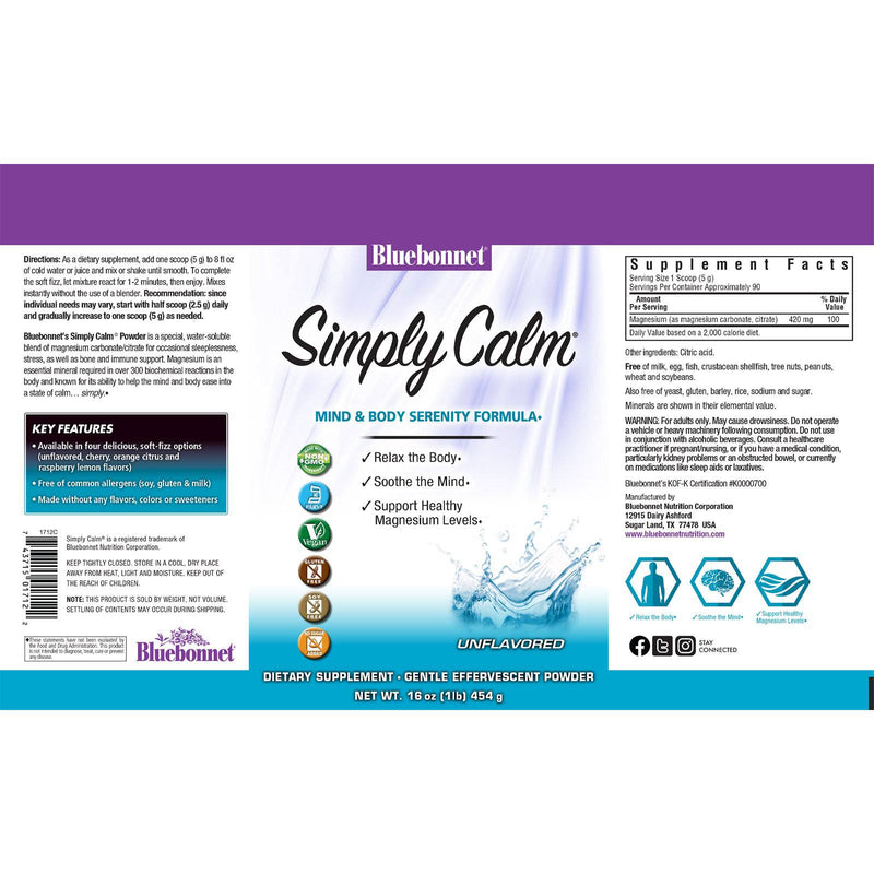 Bluebonnet Simply Calm Polvo de magnesio sin sabor 1 lb