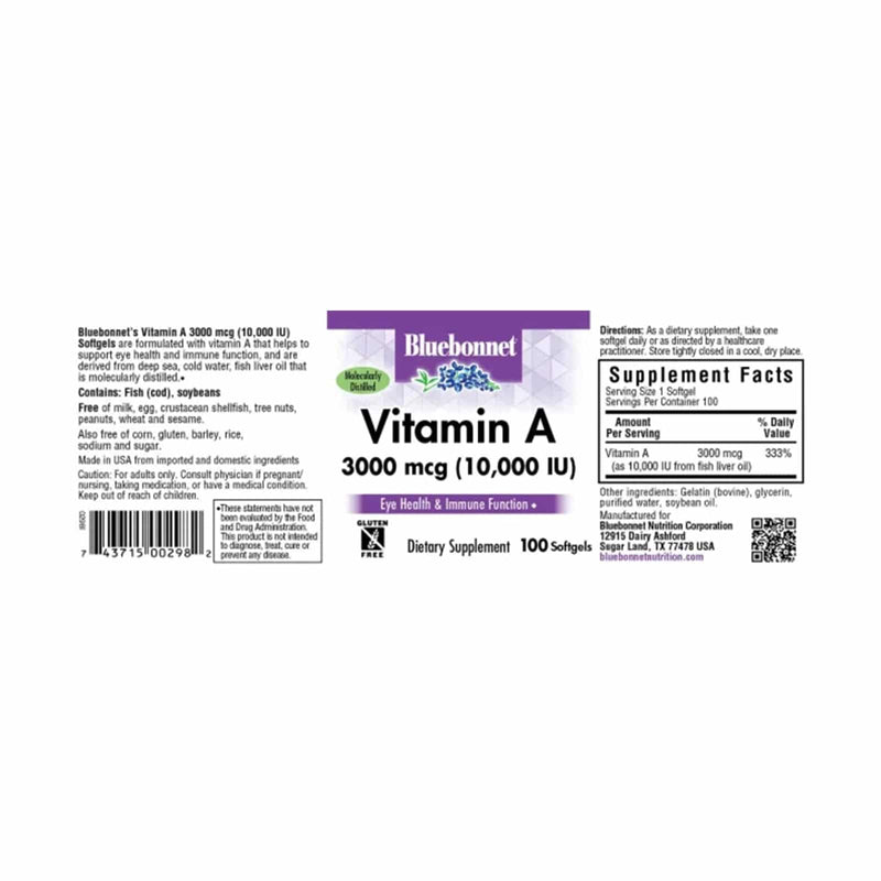 Bluebonnet Vitamin A 3000 mcg (10000 IU) 100 Softgels