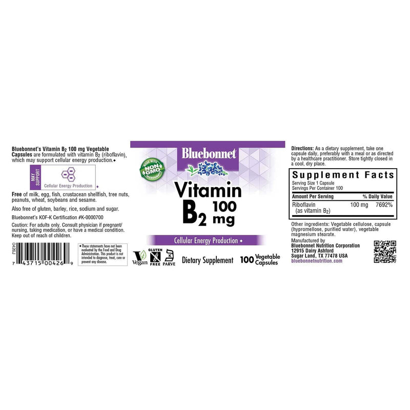 Bluebonnet Vitamin B-2 100 mg 100 Veg Capsules