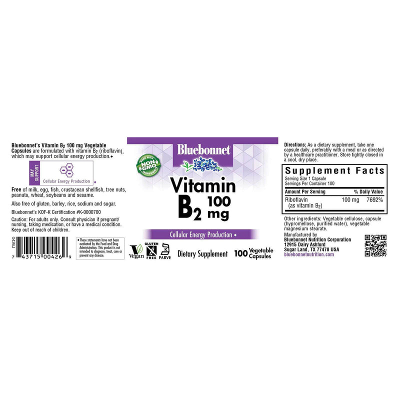 Bluebonnet Vitamin B-2 100 mg 100 Veg Capsules