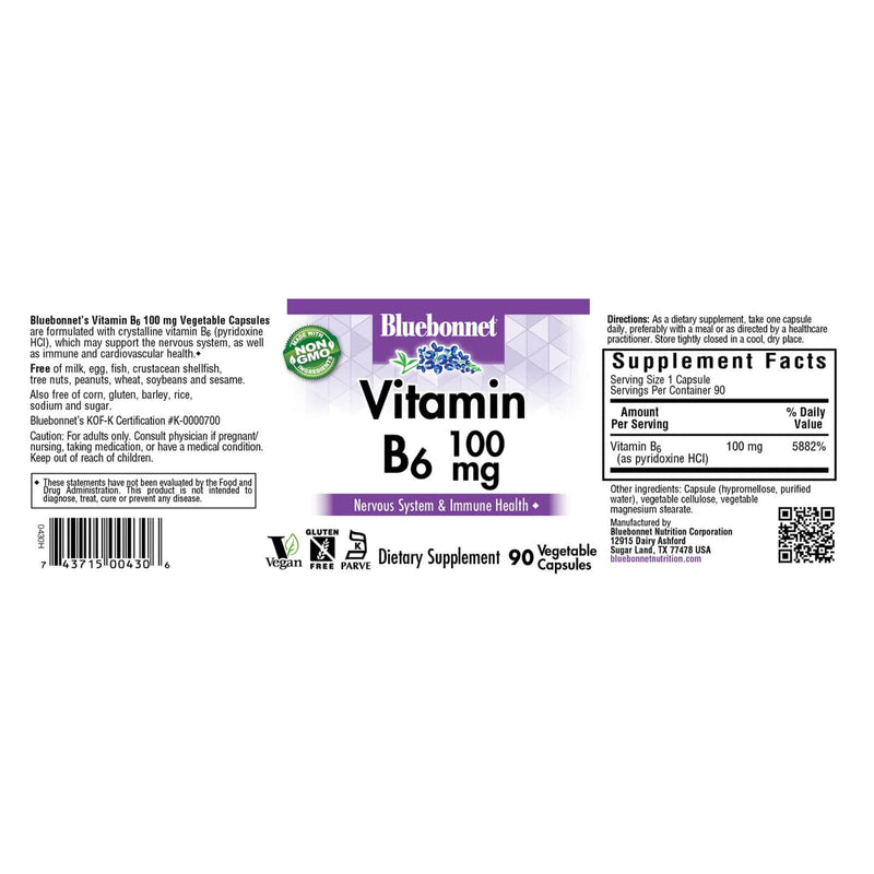 Bluebonnet Vitamin B-6 100 mg 90 Veg Capsules