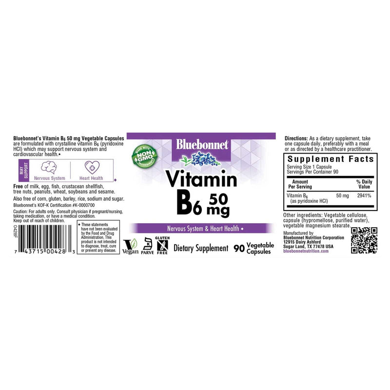 Bluebonnet Vitamin B-6 50 mg 90 Veg Capsules