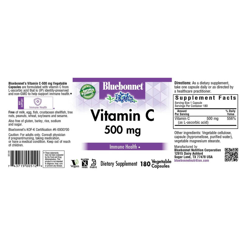 Bluebonnet Vitamina C 500 mg 180 Cápsulas Vegetales