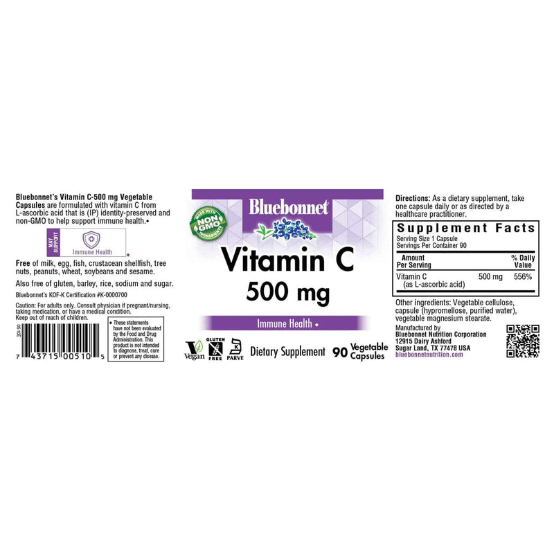 Bluebonnet Vitamin C 500 mg 90 Veg Capsules