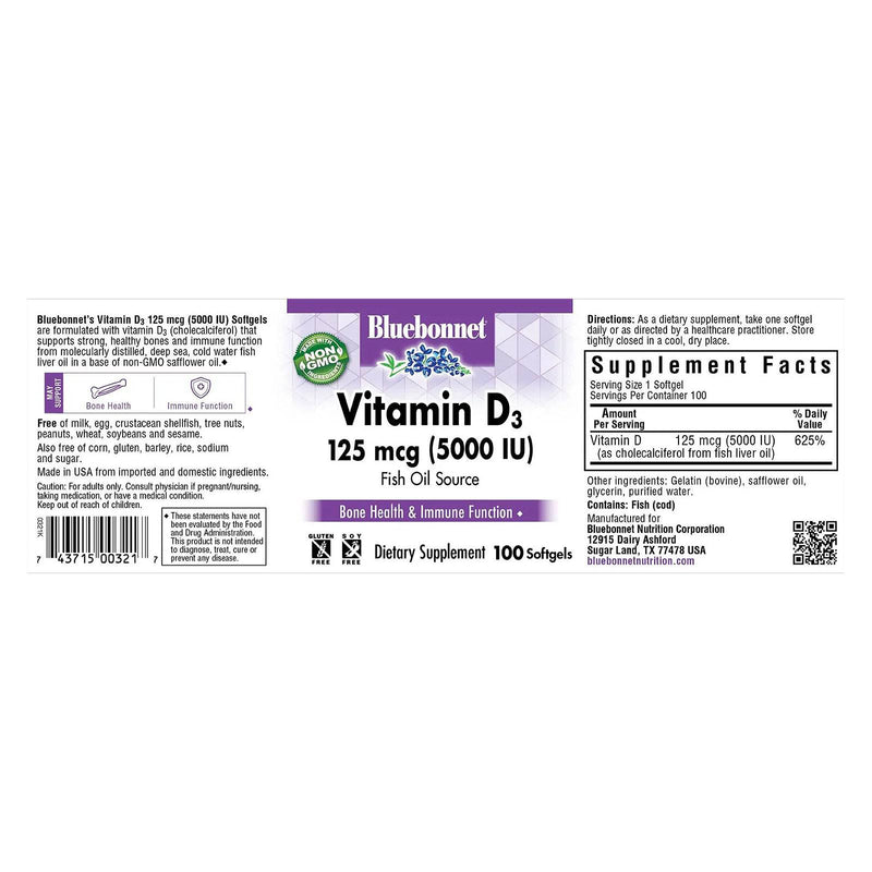 Bluebonnet Vitamin D3 125 mcg (5000 IU) 100 Softgels