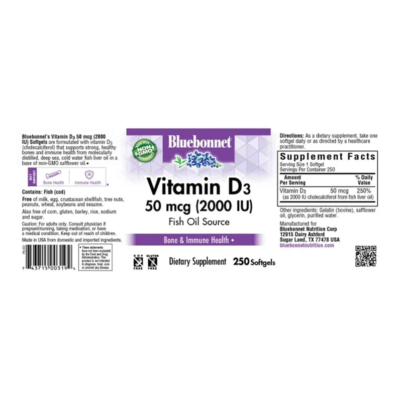 Bluebonnet Vitamin D3 50 mcg (2000 IU) 250 Softgels