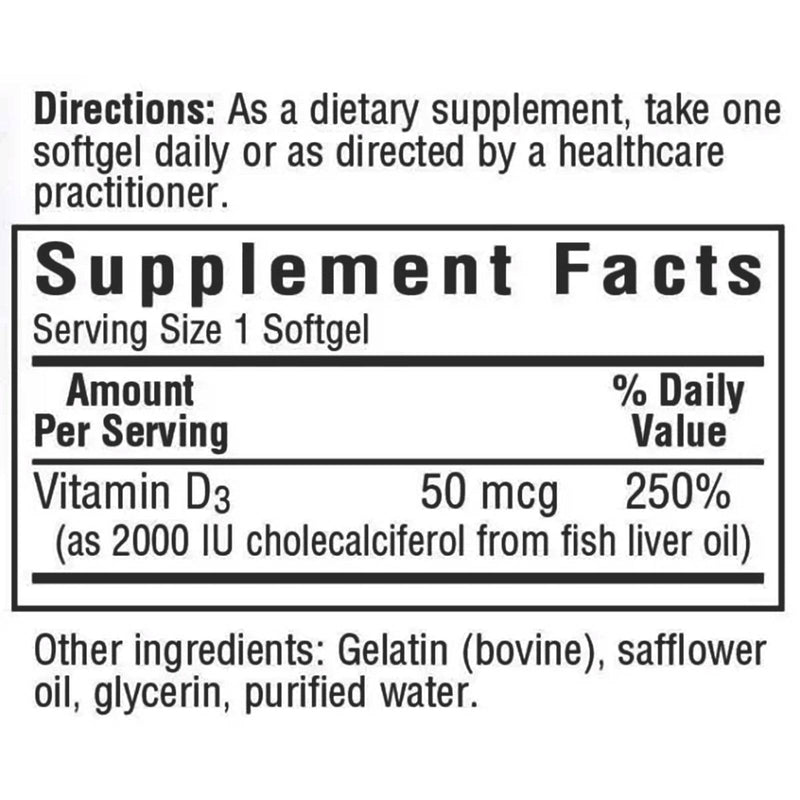 Bluebonnet Vitamin D3 50 mcg (2000 IU) 250 Softgels