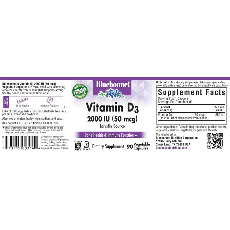 Bluebonnet Vitamin D3 50 mcg (2000 IU) 90 Veg Capsules