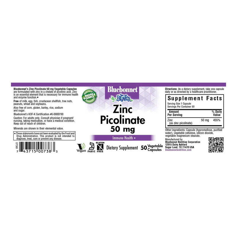 Bluebonnet Zinc Picolinate 50 mg 50 Veg Capsules