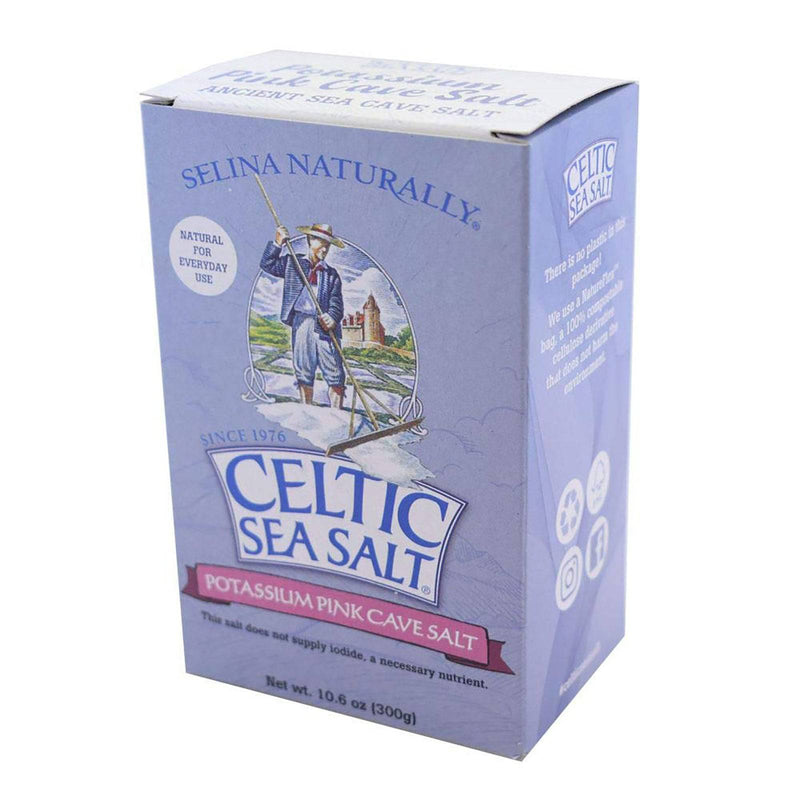 Celtic Salt de caverna cor-de-rosa de potássio, grão fino extra, natural, luz em sódio, 10.6oz