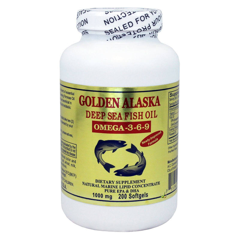 Aceite de pescado de aguas profundas Golden Alaska, Omega,3,6,9 1000 mg, 200 cápsulas blandas