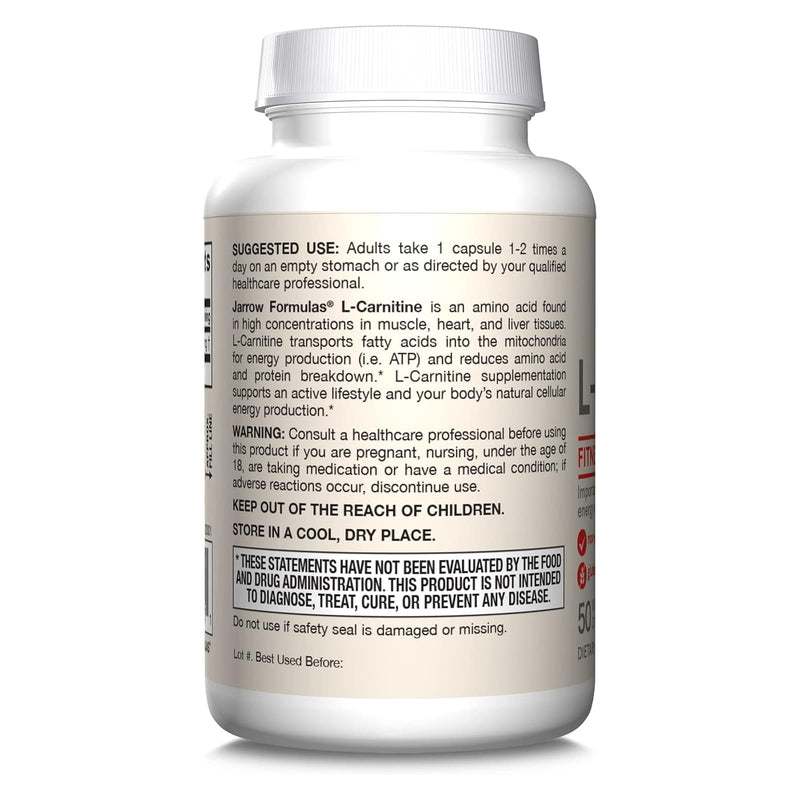 Jarrow Formulas, L-carnitina 500, 500 mg, 50 cápsulas vegetarianas