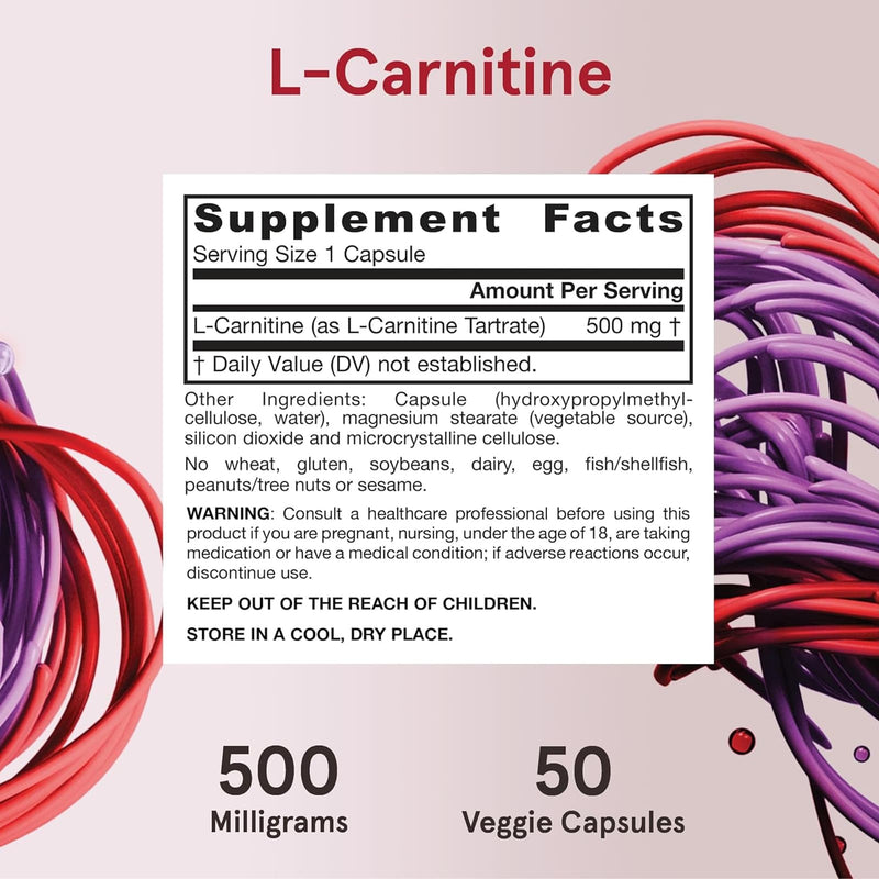 Fórmulas Jarrow, L-Carnitina 500, 500mg, 50 Cápsulas Vegetais