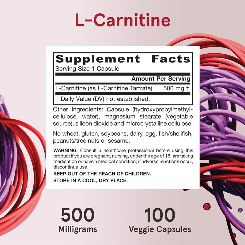 Fórmulas Jarrow, L-Carnitina, 500mg, 100 cápsulas vegetarianas