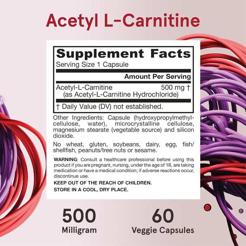 Jarrow Formulas, Acetil L-carnitina, 500 mg, 60 cápsulas vegetarianas