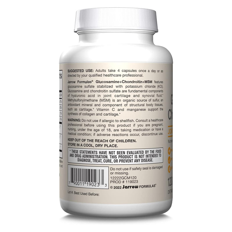 Jarrow Formulas Glucosamine + Chondroitin + MSM with Manganese and Vitamin C 120 Capsules