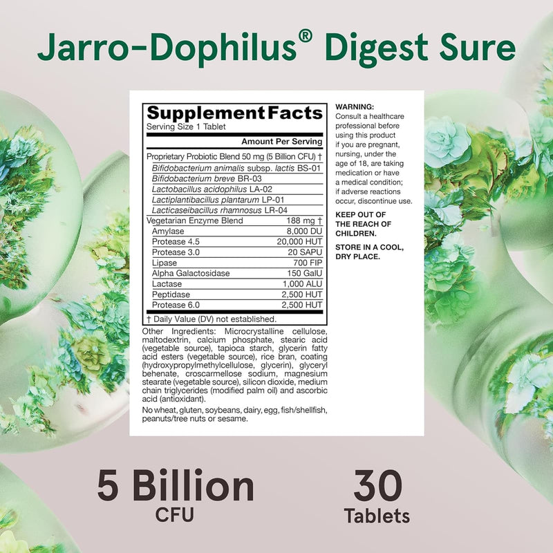 Fórmulas Jarrow, Jarro-Dophilus, 5 bilhões de UFC +, Digest Sure, 30 comprimidos de duas camadas