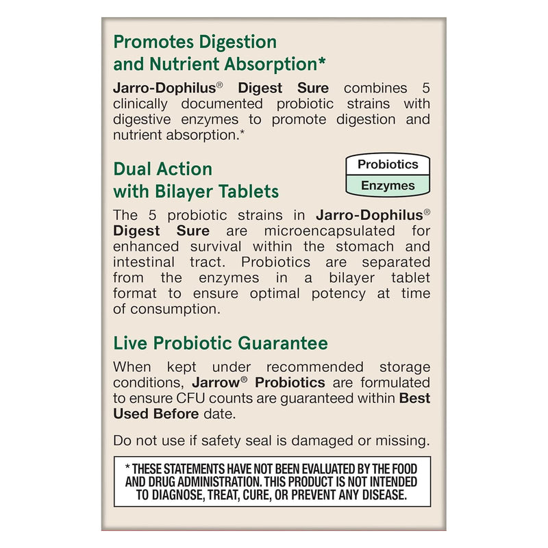 Jarrow Formulas, Jarro-Dophilus, 50억 CFU +, Digest Sure, 30 이중층 정제