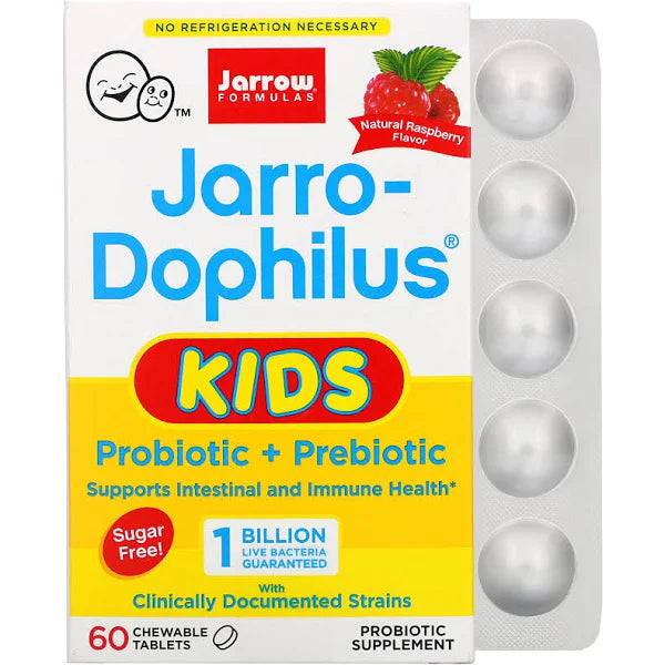 Jarrow Formulas、Jarro-Dophilus Kids、プロバイオティクス+プレバイオティクス、無糖、天然ラズベリーフレーバー、10億個の生菌、60錠のチュアブル錠